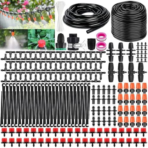 Sistema de Riego Jardín, Sistema de Riego por Goteo, 50M+8M Kit Riego con Ajustable Boquilla Aspersor Pulverizador y Gotero Automatico para Jardin Invernadero Césped Patio Terraza