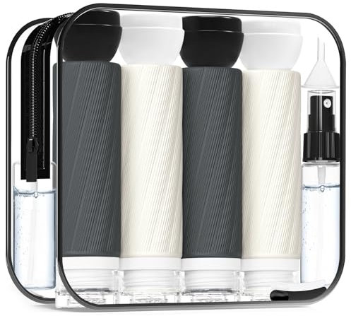 Redfly 17 Flacons de Voyage pour Produits de Toilette, Taille Approuvée TSA, Contenants Étanches, Essentiels pour Gel Douche, Shampoing, Lotion & Après-Shampoing, Noir et blanc