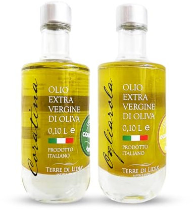Terre di Lidia - Kit Degustazione Olio Extravergine di Oliva - Coratina e Ogliarola 100% Italiane - Monocultivar Estratto a Freddo - Idea Regalo Gourmet - 2 Bottigliette da 100ml
