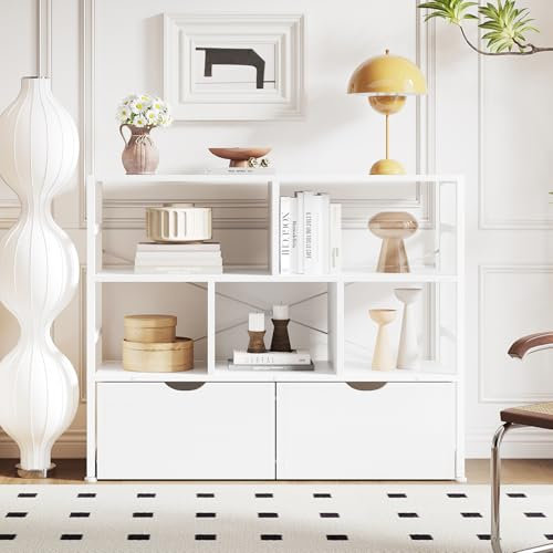 Dripex 4 Tier Bookcase with 2 Movable Drawers,Wooden Floor Standing Book Shelf with Steel Frame, White Storage Display Shelf for Living Room, Bedroom or Office