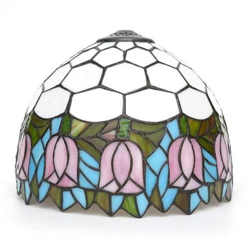 Tiffany-Lampenschirm-Ersatz, 12 Zoll, rosa Tulpen, Buntglas-Deckenlampenschirm, Vintage-Stil, Art Deco, for Tischlampen, Stehlampen, Pendelleuchten