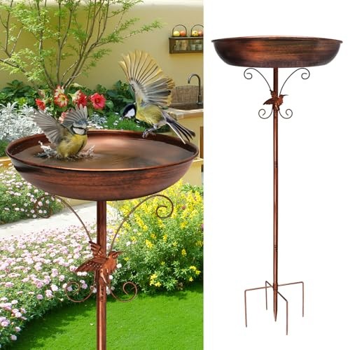 Newthinking Vogeltränke Stehend, 39 Zoll, Vogelbad Garten, Frostsicher | Metall-Vogelbad mit Vogelrelief, 3-in-1 Vogelbad Stehend, Baden, Trinken, Füttern, Winterfest, Rostfrei, für Garten, Natur