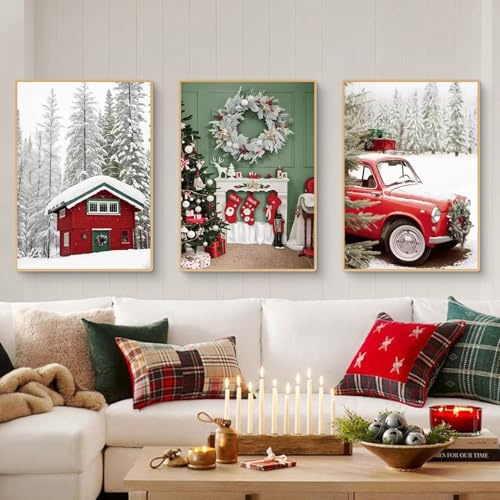 CULASIGN 3er Weihnacht Poster Set, Winter Schnee Rot Auto Bilder Wandkunst Wandbilder, OHNE Rahmen Kunstposter Wanddeko für Wohnzimmer Schlafzimmer (30 x 40 cm)