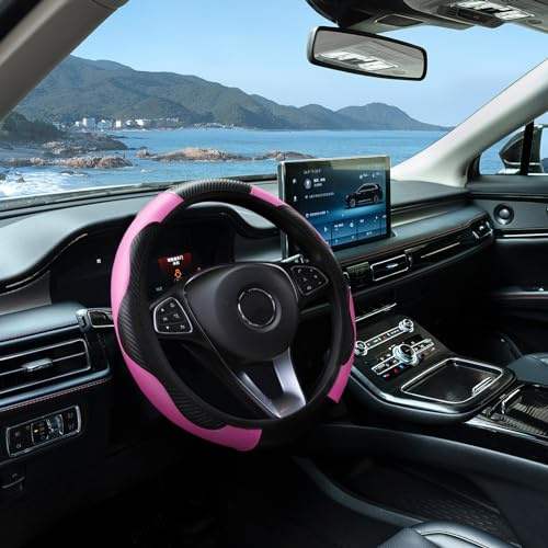 Elegant Pink Steering Wheel Cover for Cars, Universal 14.5-15 Inch Stretchable Design, Soft Leather Car Steering Wheel Cover, Anti-Slip, Breathable Steering Wheel Protector Cover