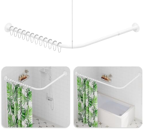 Duschvorhangstange L Form, (60-135cm) × (60-135cm) Verstellbare Weiß Duschstange L Form, Duschstange Ecke mit 12 Ringen & Deckenstütze für Badezimmer, Bohren Erforderlich
