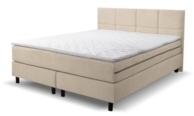 VENASI MÖBEL Boxspringbett Kansas, Polsterbett Maße: 180x200 cm, Farbe: Beige, Velourstoff, Doppelbett mit Bonell-Matratze H3 inkl. Topper