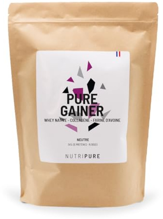 Nutripure - Pure Gainer - Prise de Masse Sèche - Goût Neutre - 1,2 kg | Développement Musculaire - Whey Native, Collagène & Farine d'Avoine - 28g Protéines, 35g Glucides - 15 Doses - Made in France
