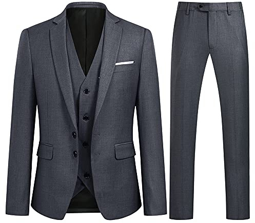 Mens Suit Slim Fit 3 Piece Wedding Suits Classic Tuxedo Blazer Waistcoat Trousers, Grey, S