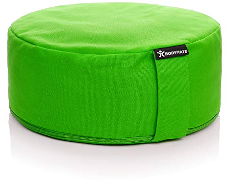 BODYMATE Yogakissen rund 31cm Durchmesser 13cm hoch Grün mit Buchweizen-Spelz Füllung – Maschinenwaschbarer Bezug aus 100% extra Dicker Baumwolle – Meditationskissen – Sitzkissen