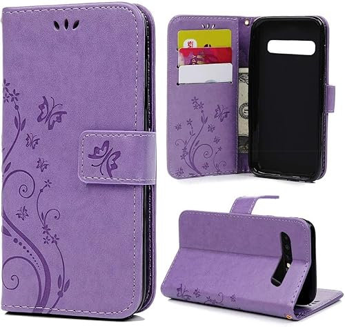 Samsung Galaxy S10e Case Premium PU Leather Flip Phone Cover Butterfly and Flower Embossed Wallet Protective Case for Samsung Galaxy S10e with [Kickstand] Card Holder, Light Purple
