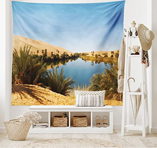 ABAKUHAUS Wüste Wandteppich und Tagesdecke, Idyllische Oasis Awbari aus Weiches Mikrofaser Stoff Waschbar ohne Verblassen Digitaldruck, 230 x 140 cm, Sandbraun Blassblau