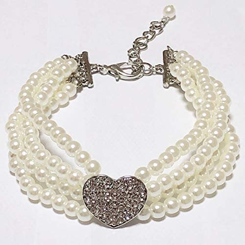 PETFAVORITES Dog Pearls Necklace Jewelry - Bling Dog Wedding Collar for Small Dogs Girl with Rhinestone Heart Charm - Teacup Puppy Chihuahua Yorkie Clothes Accessories (White Heart, 8 to 10-Inch)