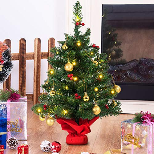 CASART 2FT Pre-Lit Christmas Tree, Mini Desktop Artificial Xmas Tree with LED Lights, Christmas Decorations Festival Stimulate Trees for Home Office Restaurant (with Gold Balls & 15 Lights)