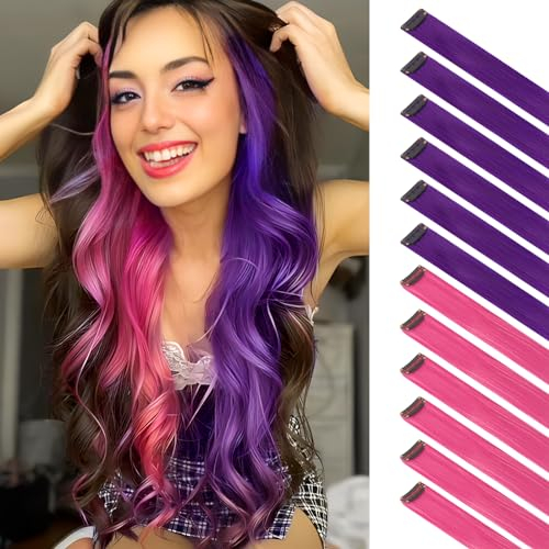 FESHFEN Extension de Cheveux Colorés, Couleur Rose Violet Extensions de Cheveux 12 PCS Naturel Synthétique colorés Postiche Cheveux Long Raides Extensions de Cheveux pour Femmes 55 cm