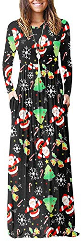 AUSELILY Damen Maxikleid Langarm Taschen Winter | Kleid mit Taschen Langarm,Lässiges Maxikleid mit Rundhals,Für den Alltag geeignet,Angenehmes Material,Polyester,Spandex