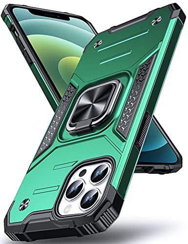 DASFOND Designed for iPhone 12/iPhone 12 Pro Case, Military Grade Shockproof Protective Phone Case Cover with Enhanced Metal Ring Kickstand [Support Magnet Mount] for iPhone 12 6.1 inch,Dark Green