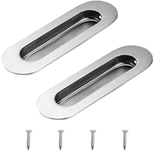 MOROBOR Cabinet Pull, 2Pcs Stainless Steel Oval Side Hole Flush Embedded Sliding Door Handle for Drawer Cupboard Wardrobe/Brushed Silver