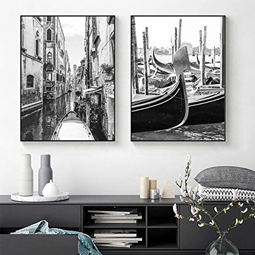 Venedig Architektur Bild, abstrakte Wandkunst Schwarz Weiß Foto Poster Italien Venedig Straße Landschaft Leinwand Dekor 55x78cmx2pcs Kein Rahmen