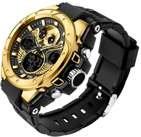 findtime Herren Uhren Digital Militär Sport Outdoor Totenkopf-Motiv Schädel Wasserdicht Timer Chronograph Countdown Tactical Watch Analog Armbanduhr Männer Jungen LED Kalender 12/24H Stoppuhr Wecker