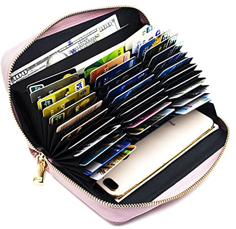 ANDOILT Genuine Leather Purses for Women Wallet Mens RFID Blocking Credit Card Holder Zipper Purse Cell Phone Handbag Pink