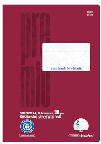Staufen premio Notenheft - 5 Hefte je 8 Blatt, DIN A4, 12 Notensystem, premiumweißes 90g/m² Recyclingpapier, runde Ecken verhindern „Eselsohren“