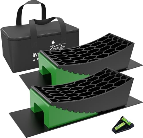 RVMATE Kit di livellamento per camper, 8 pezzi, blocchi di livellamento per camper, inclusi due livellatori curvi, due cunei, due tappetini in gomma e cuscinetto jack in omaggio nella borsa per il
