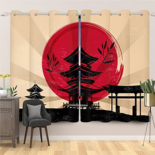 SDOTPMT 107 x 160 cm Retro Japan Temple Window Curtain Red Sun Asian Asian Building Landscape Ukiyo-E Theme Window Treatment Thermal Insulated for Bedroom, 2 Pieces