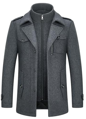 KUDORO Mens Winter Trench Coat Slim Fit Short Wool Coat Jacket Warm Padded Casual Business Overcoat Jacket Thick Peacoat With Removable Collar