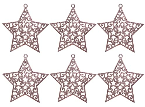 Glitzer-Weihnachtsbaumschmuck, Set mit 6 Sternen, Roségold