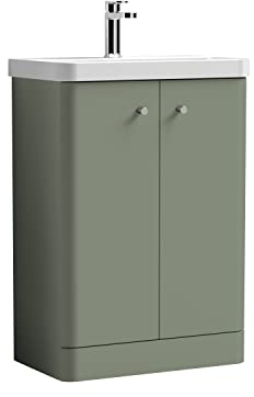 nuie COR806 Core Modern Bathroom Floor Standing 2 Door Vanity Basin Unit with Ceramic Basin, 600mm, Satin Green