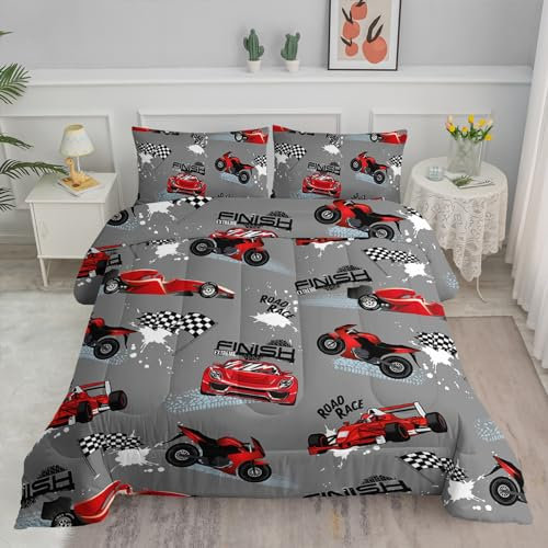 Axolotl Kinder-Bettwäsche-Set in voller Größe, Rennwagen-Bettwäsche-Set für Jungen, Mädchen, Teenager, Autorennsport, Rennwagen-Steppbett-Set mit 1 Bettdecke, 2 Kissenbezügen, Rot, Grau