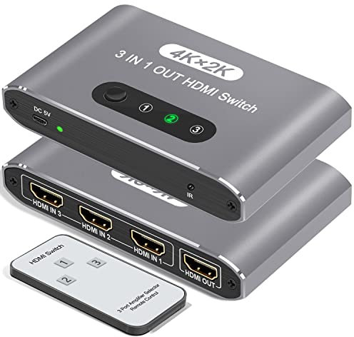 Aluminum 3 Port HDMI Switch with IR Remote - 4K HDMI Switcher Splitter, 3 in 1 Out, HDCP1.4 3D Dolby DST, Compatible with PS5/PS4/Xbox/Fire Stick/Roku TV PC and More (Silver)