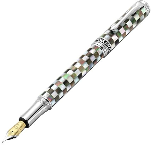 Xezo Maestro Jubilee Fountain Pen, Medium Nib. Checkered Oceanic White and Black Mother of Pearl. Limited Edition, Only 223 Pieces Made. Handmade, No Two Pens Alike