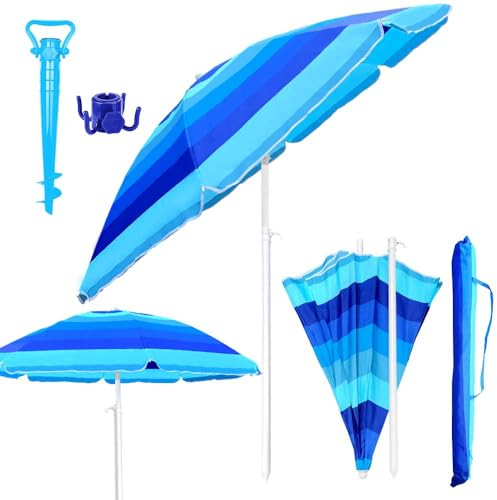 SET di OMBRELLONE da Spiaggia Mare Inclinabile 200CM+PICHETTI/TRIVELLA Ombrellone+APPENDIABITI+SACCA PVC,Obrellone da Balcone/Giardino/Terrazzo/Piscina/Pesca Esterno Antivento Portabile Multicolore