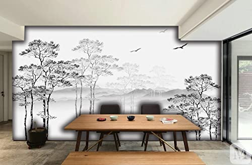 Papier Peint Panoramique Paysage D'Arbre Noir Et Blanc Papier Peint Intissé 3D Tapisserie Poster Decoration Murale Chambre Salon