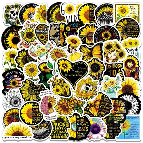 50 Stück Sonnenblumenaufkleber, inspirierende gelbe Blumenaufkleber für Kinder und Jugendliche, wasserfeste, positive, sonnengefüllte Textaufkleber aus Vinyl
