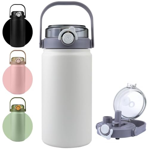 Disoza Thermobecher Kaffeebecher to Go 1200ml Reisebecher mit Strohhalm Weiß Edelstahl Thermobecher mit Griff Kaffee To Go Becher Auslaufsicherer Isolierbecher Thermo Weiß Travel Mug für Unterwegs
