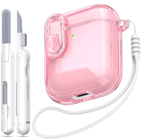 MHYALUDO Compatible with Airpods Case Cover with Secure Lock, Compatible with Airpods 1st/2nd Gen (2016/2019), Clear Soft Shockproof Case with Lanyard Cleaning Pen,Pink