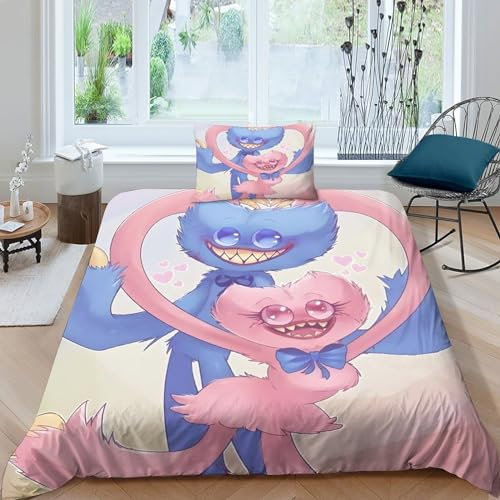 BYTUGI Poppy Playtime Bettbezug Set 3D Gedruckter Game Bettwäschegarnitur Für Kinder Mädchen Jungen Bettwäsche Und Kissenbezüge Weich Microfaser Reissverschluss 2 Teilig Single(135x200cm)