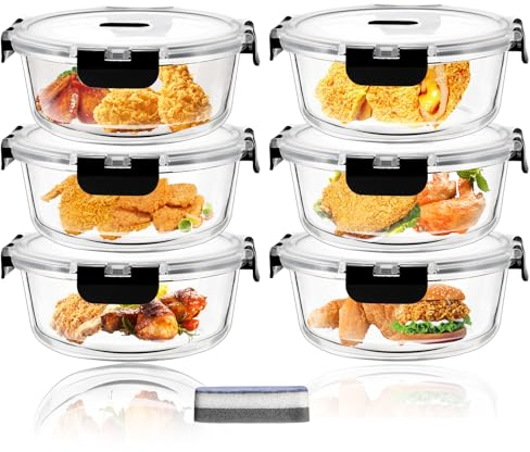 Hcrvvi Food Containers Set - Food Storage Containers 6 Pcs, with Upgraded Snap Locking Lids, Air Tight Lock Food Container, Glass Containers with Lids 950ml, BPA Free, Meal Prep Containers Reusable