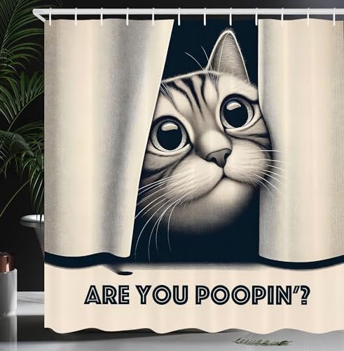 ABAKUHAUS Katze Duschvorhang, Machst Häufchen Neugieriges Kätzchen Retro Lustiges skurriles humorvolles, Stoffliches Gewebe Badezimmerdekorationsset mit Haken, 175 x 200 cm, Dunkelblau Elfenbein