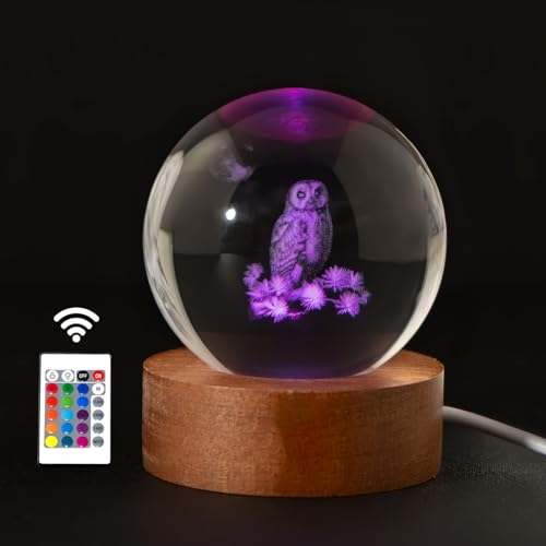 3D-Eulen-Kristallkugel, 60 mm, Eulen-Figuren in Kristallkugel, Dekor, Sammlerstücke, Schneekugeln, Geschenk, Glaskugel mit Holz-Lichtsockel