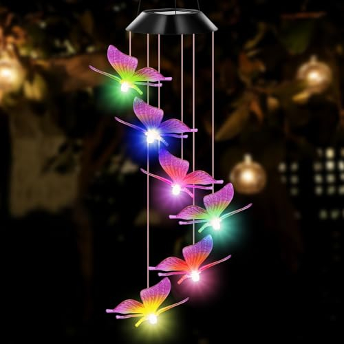 Schmetterling Solar Windspiel für Draußen, LED Farbwechsel Windspiel, Solarbetriebene Gartenlampe, Solarleuchten, Muttertagsgeschenke, Hängeleuchte Deko für Balkon/Hochzeit/Garten Party