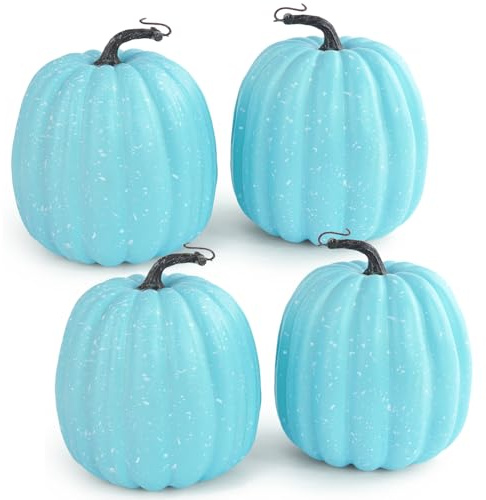 Miaikoe 4 PCS Large Autumn Artificial Pumpkins Decoration Harvest Lifelike Blue Point Pumpkins for Fall Autumn Halloween Thanksgiving Holiday Displaying (Blue with Point)