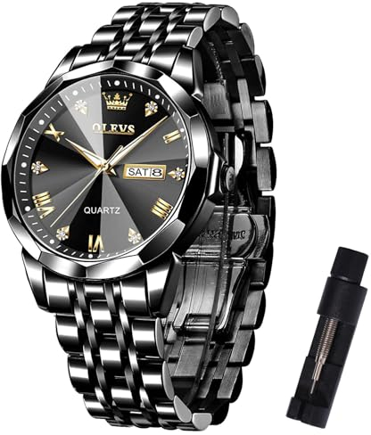 OLEVS Schwarz Herrenuhr Metallarmband Mode Wasserdicht Uhren Herren mit Datum Vintage Diamant Analog Kleid Herren Armbanduhr Edelstahl Leuchtend Business Quarzuhr Geschenke für Männer