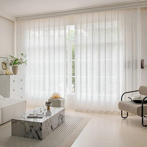 Mesnt Vorhänge Schlafzimmer mit Ösen, Cremeweißes Häkelmuster Feuerwerk Halbtransparente Gardinen mit Ösen für Schlafzimmer-Fenstervorhänge86 x 214 cm