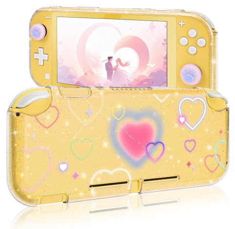 DLseego Case Compatible with Switch Lite,Transparent Glitter Soft Silicone Case Shockproof Cover Anti Scratch Protector Shell with 2 PCS Switch Thumb Grip Caps,Pink Heart