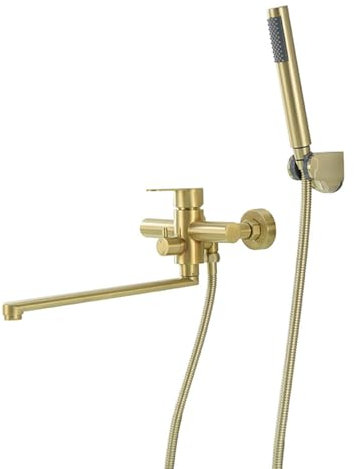 Tivezlor Robinet de baignoire avec douchette, robinet de baignoire acier inoxydable avec bec long pivotant à 180°, mural mitigeur de baignoire, robinet de baignoire or brossé