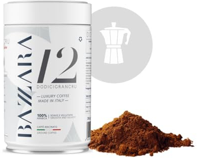 Bazzara Dodicigrancru Ground Coffee in Tins 250g for Moka Pot Luxury 12-Origin Arabica Blend, Medium Roast, Intensity 8/10, Award-Winning Coffee Made in Italy