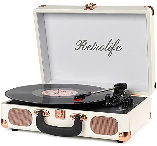 Tocadiscos de vinilo de 3 marchas, funda Bluetooth, tocadiscos portátil con accionamiento por correa y altavoces integrados, RCA Line Out AUX en conector para auriculares, mesa giratoria vintage